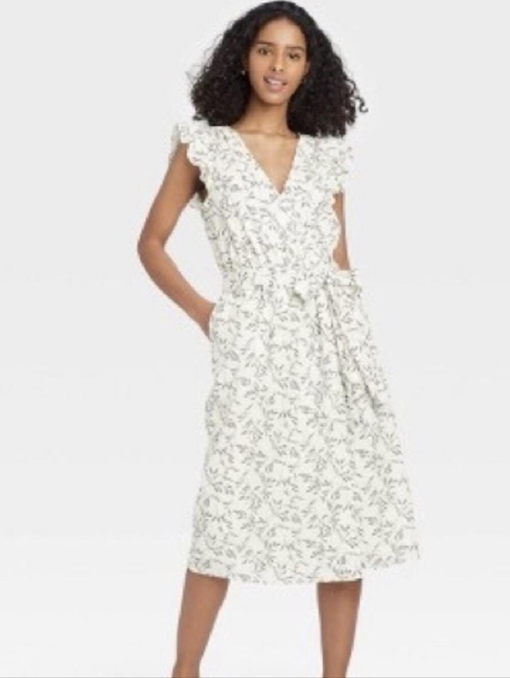 White Floral Wrap Dress with Tie Waist